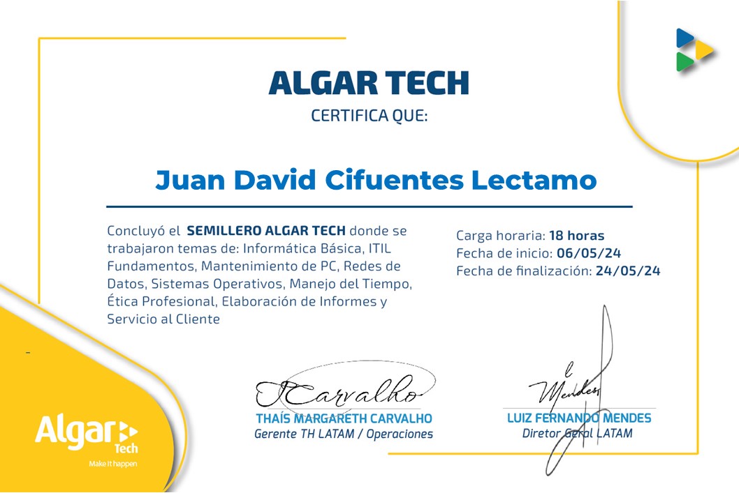 Certificado Semillero Algar Tech