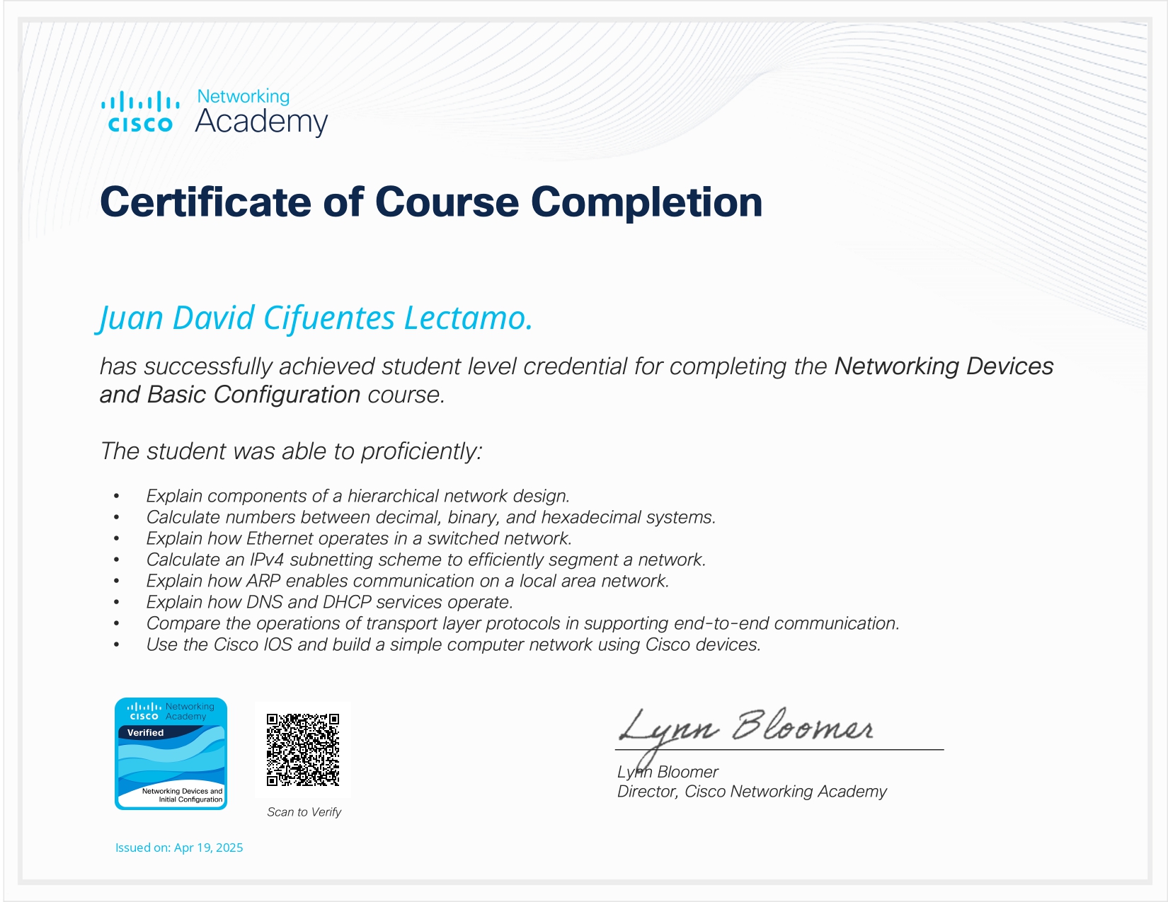 Certificado del curso de Networking Devices and Basic Configuration
