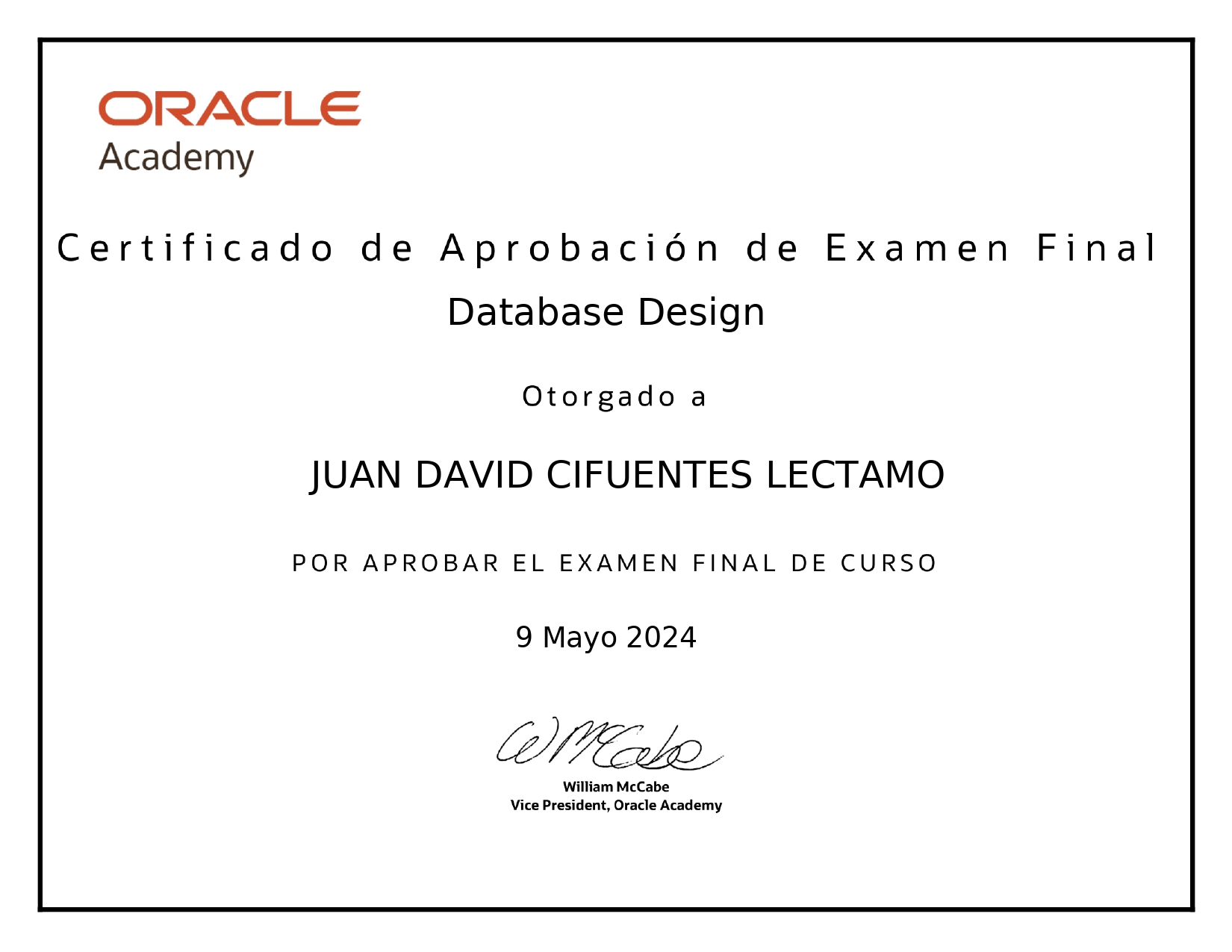 Certificado del Curso Oracle Database Administrator